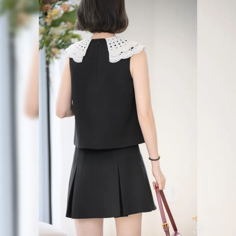 Fstudio Korean Style Chanel Inspired Patchwork Ruffle Collar Top And Skirt Set Women's-5
