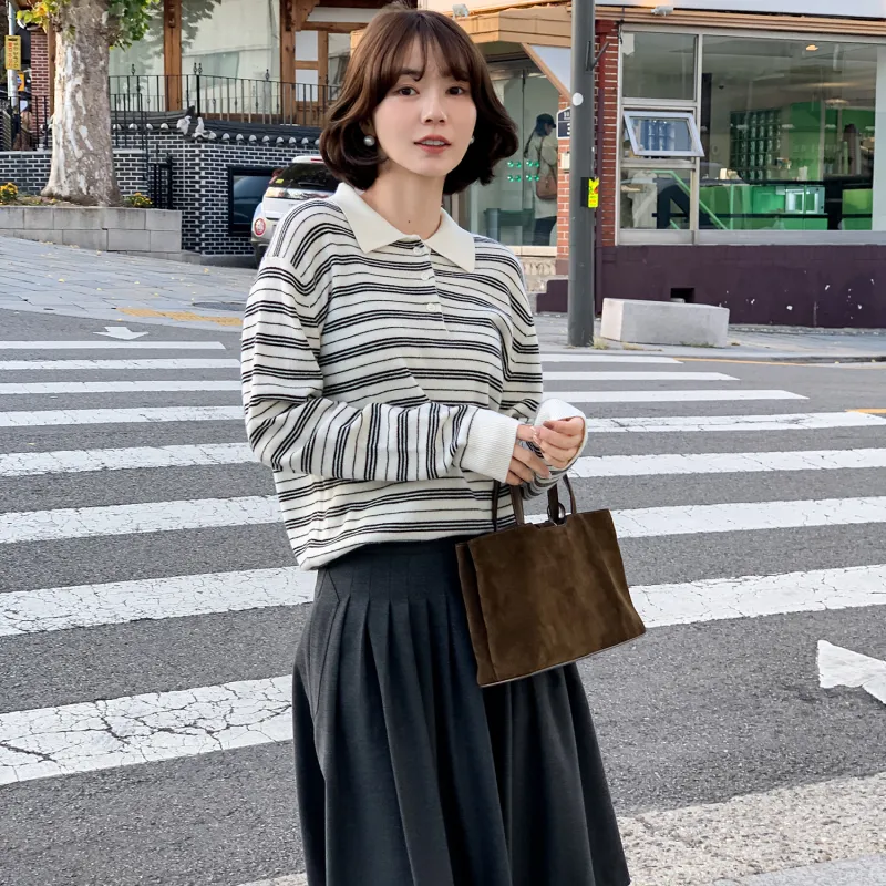 Fstudio Fall And Winter Korean Style 100% Wool Lapel Stripes Base Knitwear Women's Black-6