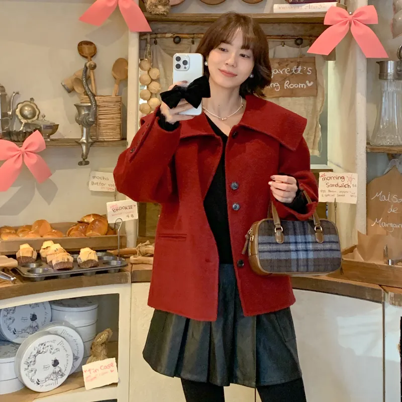 Fstudio Korean Style Languid Advanced Petite Wool Coat Women's Red-5