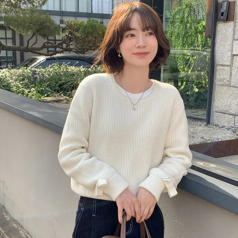 Fstudio Korean Style Laid Back Design Petite Inner Layer Crew Neck Sweater Women's Ecru-4