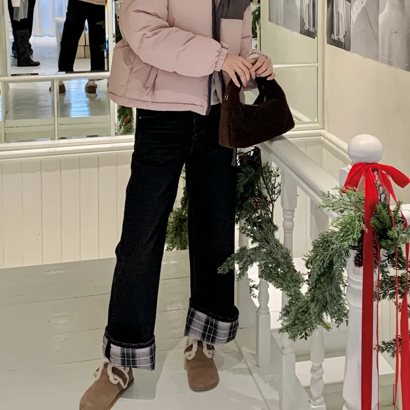 Fstudio Fall And Winter Korean Style 100% Cotton Plaid Multicolor Denim Casual Pants Women's Black-2