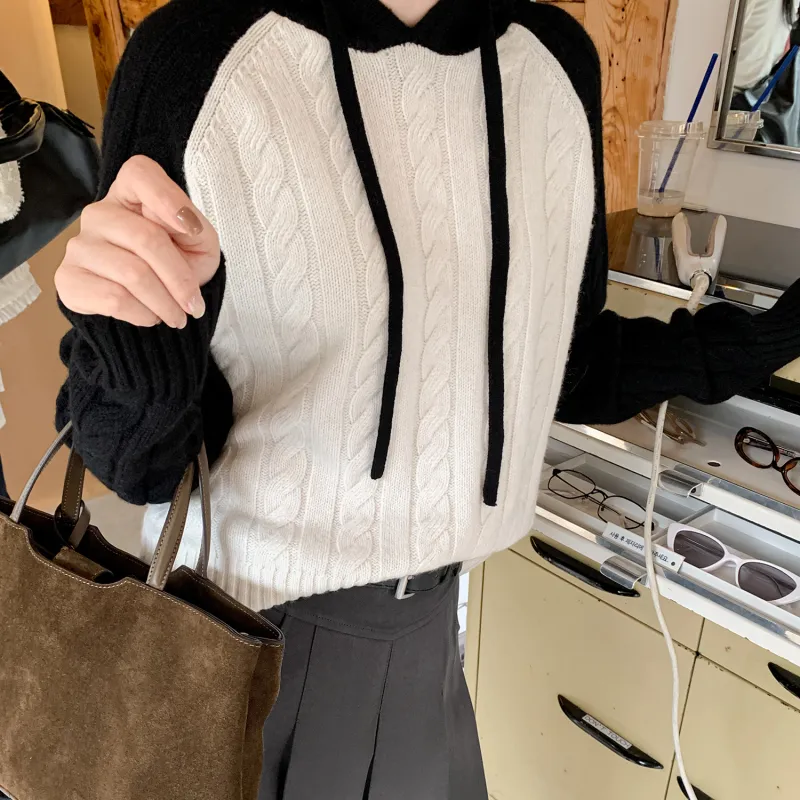 Fstudio Korean Style Fall And Winter Petite Patchwork Hooded Commute 100 Wool Knitwear Women's Coffee-17
