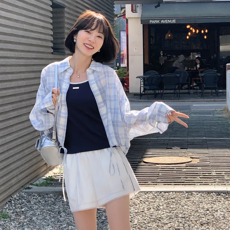 Fstudio Summer Korean Style Petite Commute Thin Casual Shorts Women's White/Navy Blue-6