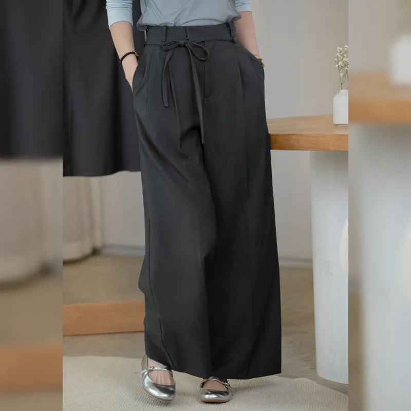 Fstudio Spring Summer Korean Style Design Light Colored Thin High Rise Lace Up Casual Pants Women's Gray-3