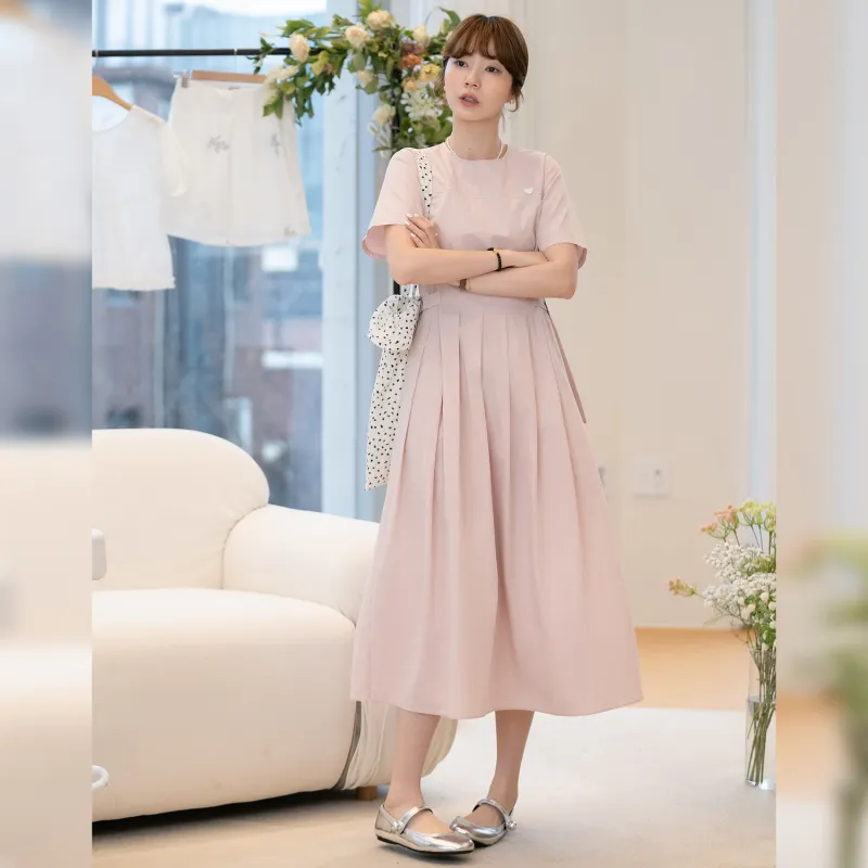 Fstudio Korean Style Sweet Style Ambient Minimalist Style Solid Color Short Sleeved Dress Women's Pink-6