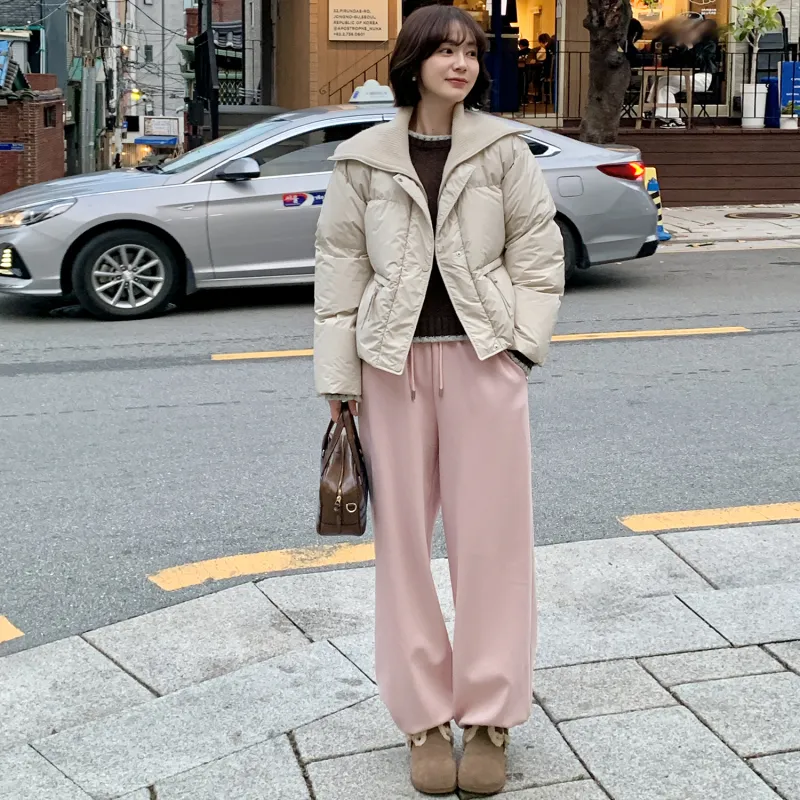 Fstudio Korean Style 90 Fill Power White Duck Down Cropped Patchwork Knitted Fabric Down Jacket Women's Beige-7