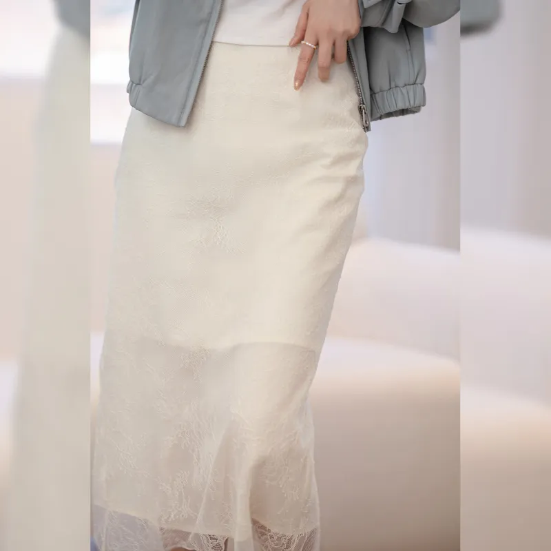 Fstudio Lace Half Length Long Skirt Women's Beige-6