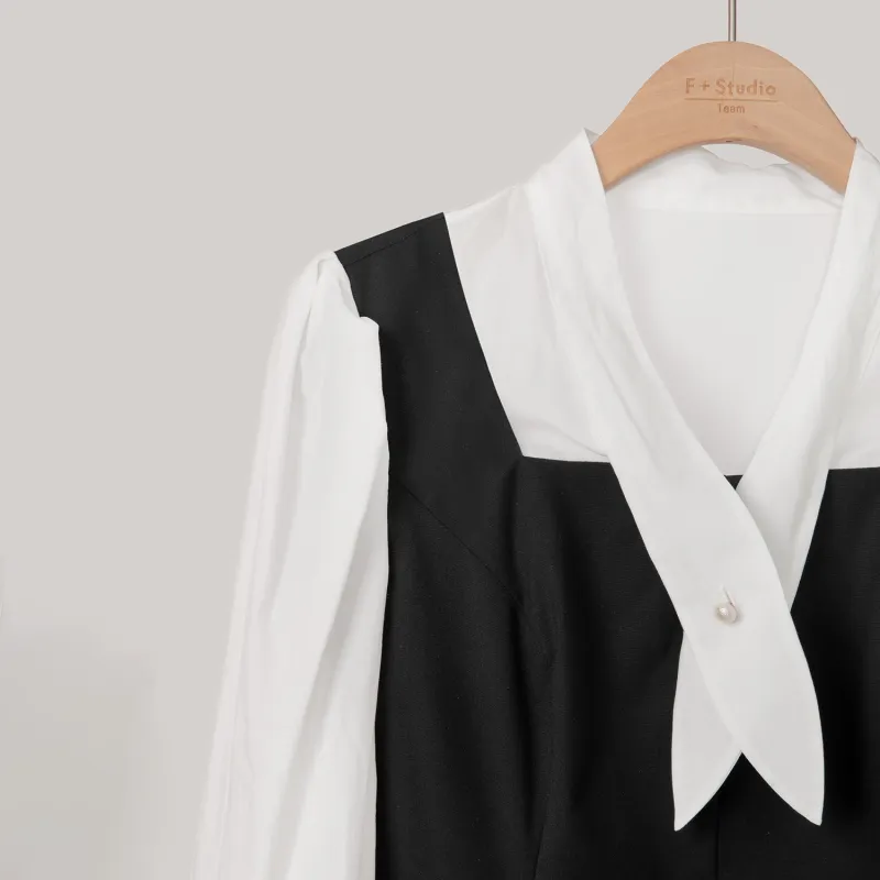 Fstudio Korean Style Color Block Mock Two Piece A Line Early Spring Dress Women's Black-4
