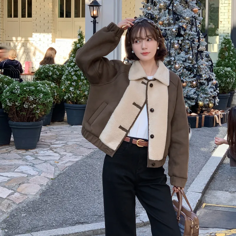 Fstudio Fall And Winter Suede Patchwork Lambswool Cropped Coat Women's Coffee-3