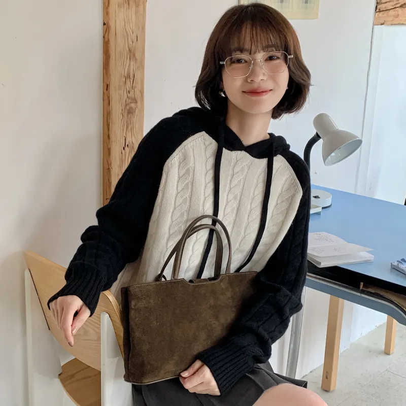 Fstudio Korean Style Fall And Winter Petite Patchwork Hooded Commute 100 Wool Knitwear Women's Coffee-16