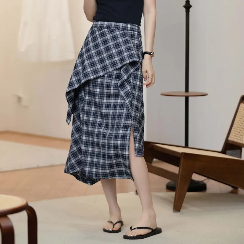Fstudio Korean Style Irregular Plaid Half Length Casual Long Skirt Women's Navy Blue-4