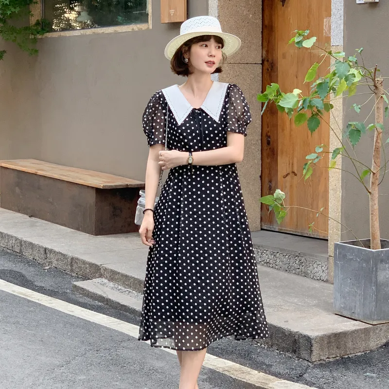 Fstudio Summer Korean Style Soft And Elegant Fashion Polka Dot Short Sleeved Dress Women's-3