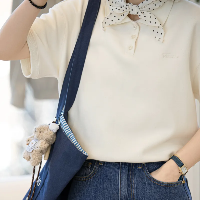 Fstudio Early Spring Korean Style Commute Versatile Short Sleeved Polo Shirt Women's Ecru-3