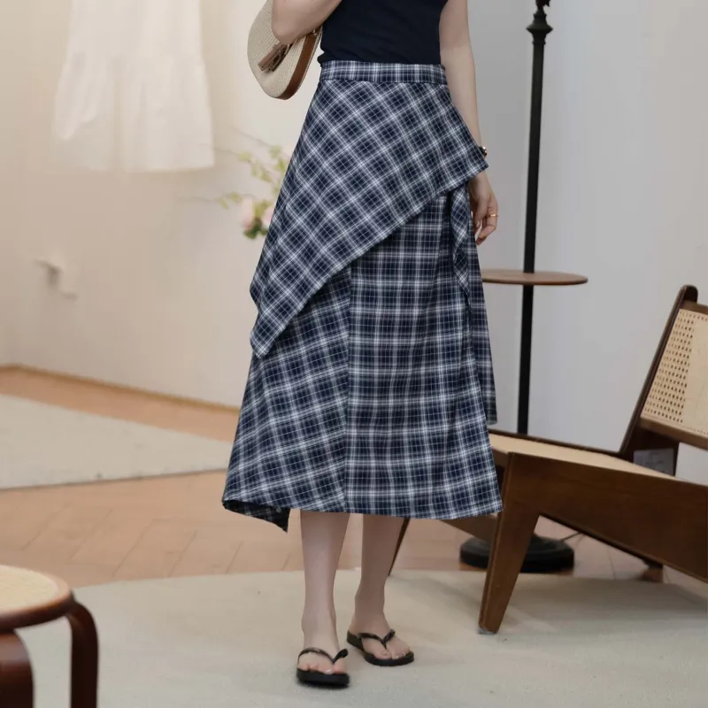 Fstudio Korean Style Irregular Plaid Half Length Casual Long Skirt Women's Navy Blue-3