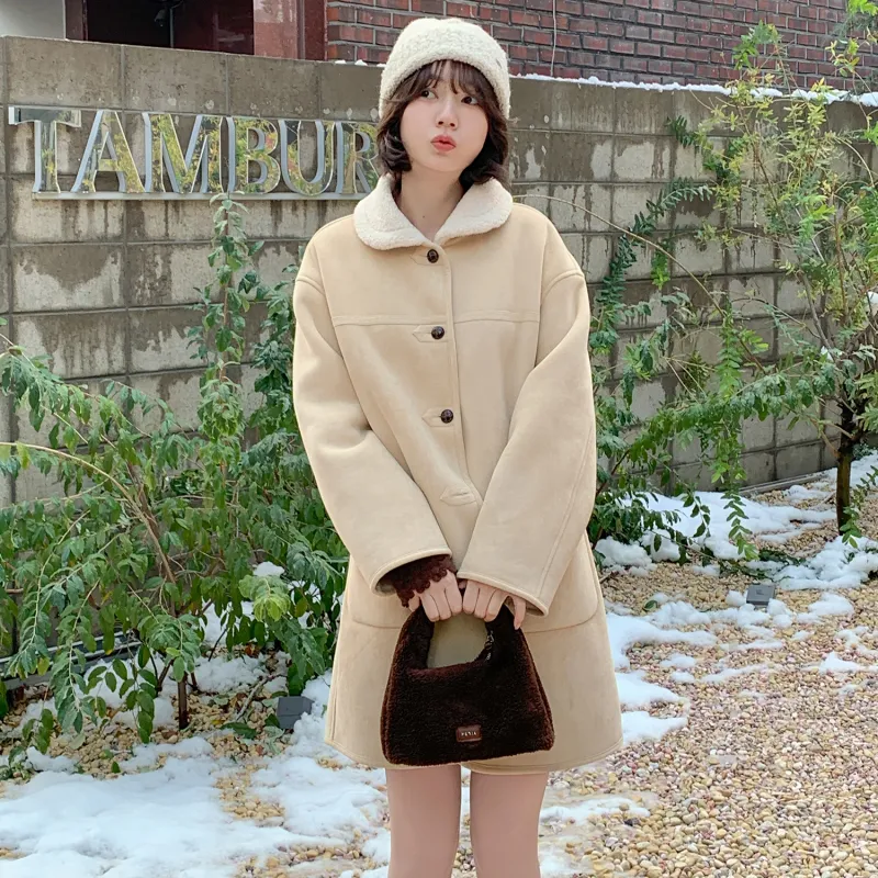 Fstudio Fall And Winter Korean Petite Commute Warm Mid Length Nappa Coat Women's Apricot-2