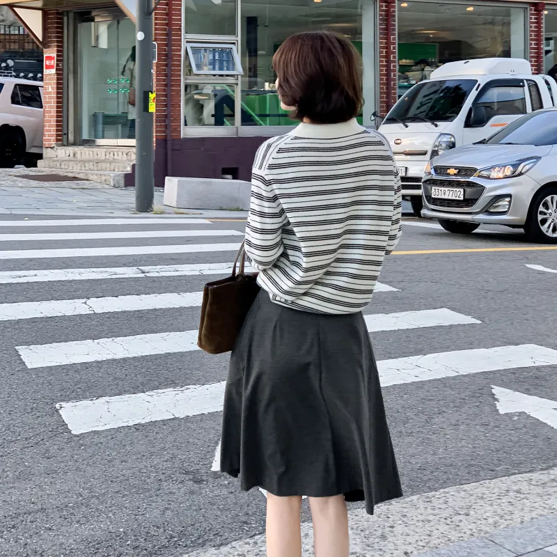 Fstudio Fall And Winter Korean Style 100% Wool Lapel Stripes Base Knitwear Women's Black-7