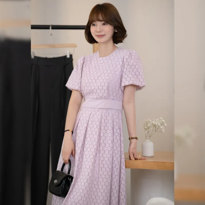 Fstudio Korean Style Crew Neck Embroidery Slimming Short Sleeved Dress Women's Purple-5