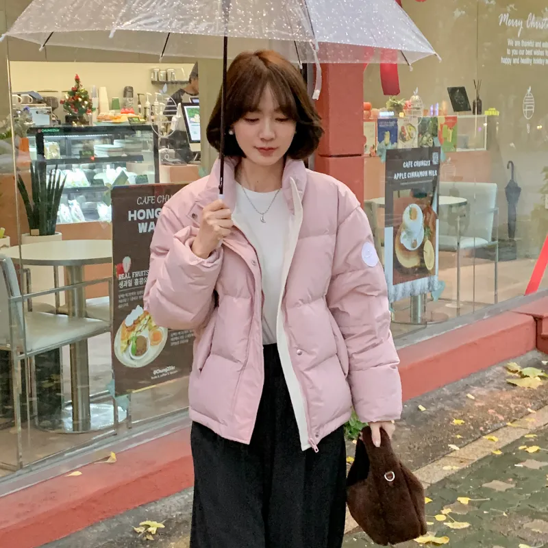 Fstudio Korean Style Stand Collar Cropped Loose Fit Down Jacket Women's Pink-5