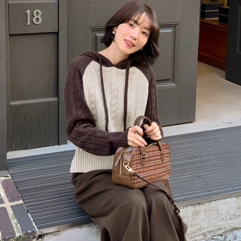 Fstudio Korean Style Fall And Winter Petite Patchwork Hooded Commute 100 Wool Knitwear Women's Coffee-4