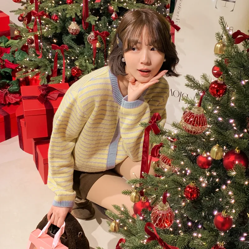 Fstudio Spring Korean Style 100% Sheep Wool Stripes Multicolor Knitwear Inner Layer Versatile Style Women's Yellow-3