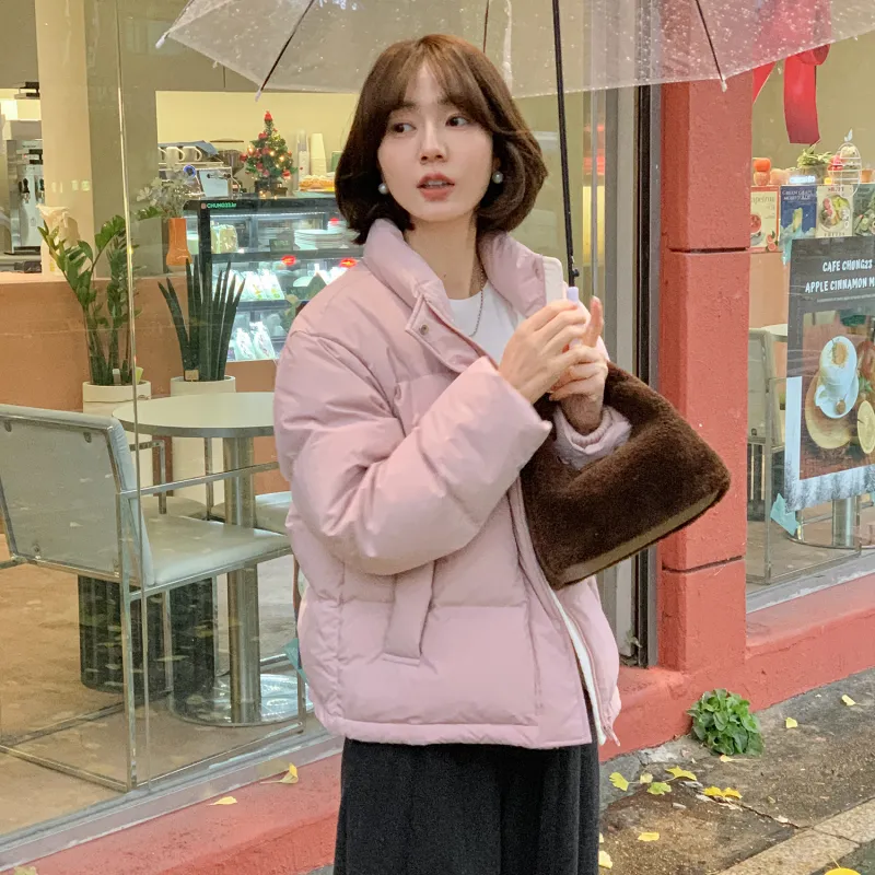 Fstudio Korean Style Stand Collar Cropped Loose Fit Down Jacket Women's Pink-2