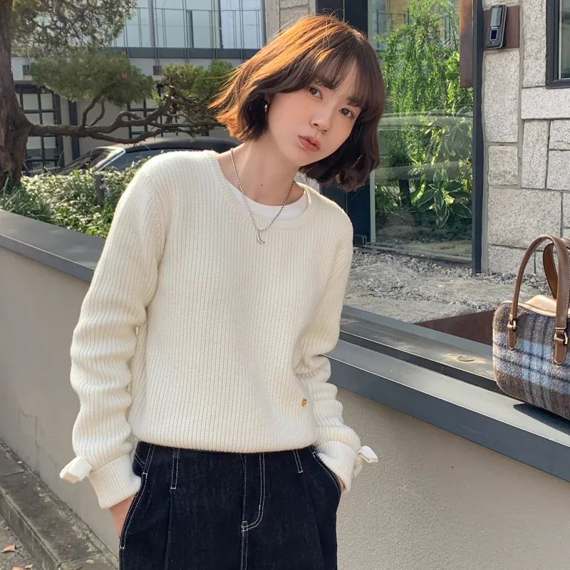 Fstudio Korean Style Laid Back Design Petite Inner Layer Crew Neck Sweater Women's Ecru-2