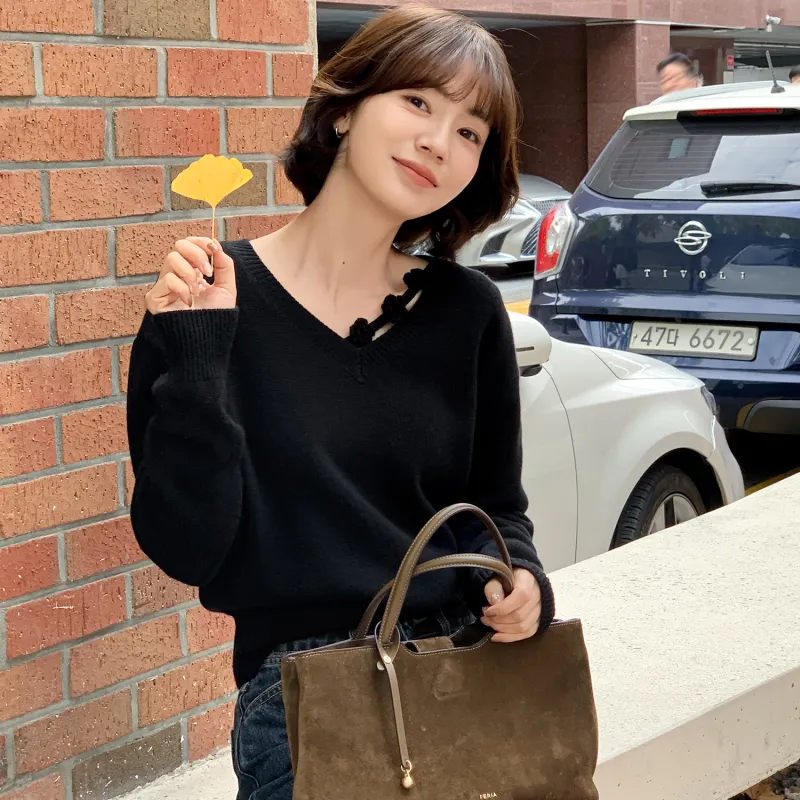 Fstudio Korean Style Laid Back 100% Australian Sheep Wool V Neck Top Floral Knitted Sweater Unisex-8