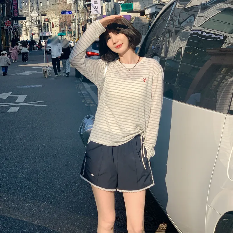 Fstudio Korean Style Stripes Loose Fit Thin Crew Neck Long Sleeved T Shirt Women's-6