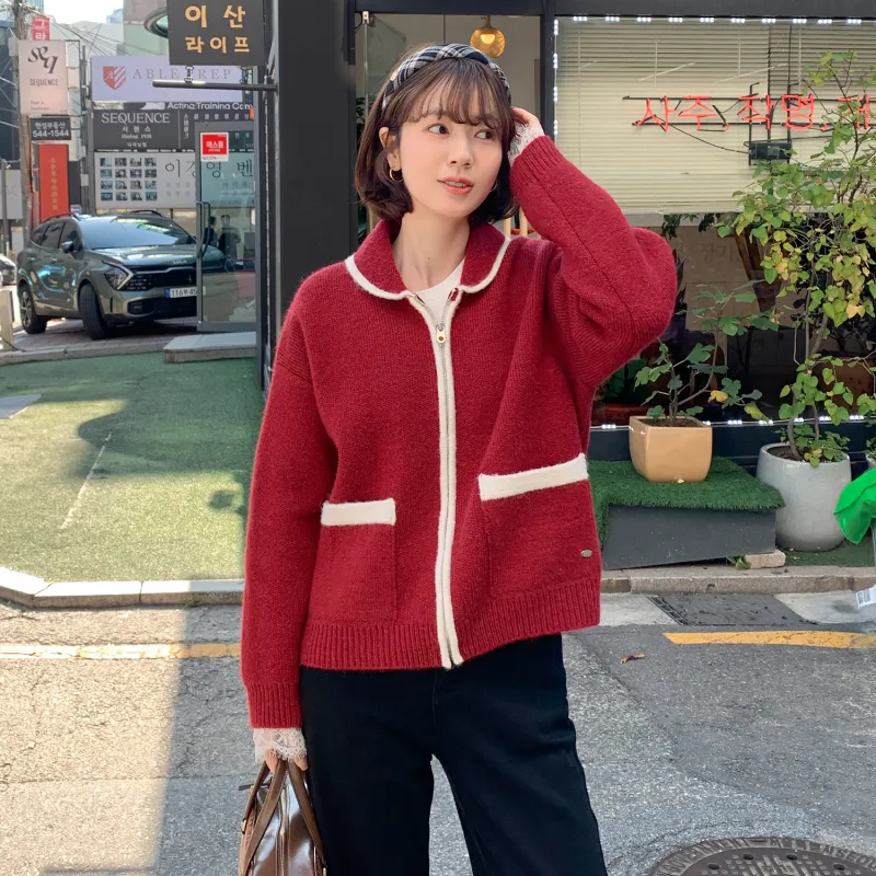 Fstudio Korean Petite Cardigan Lapel Long Sleeved Knitwear Women's Red-5