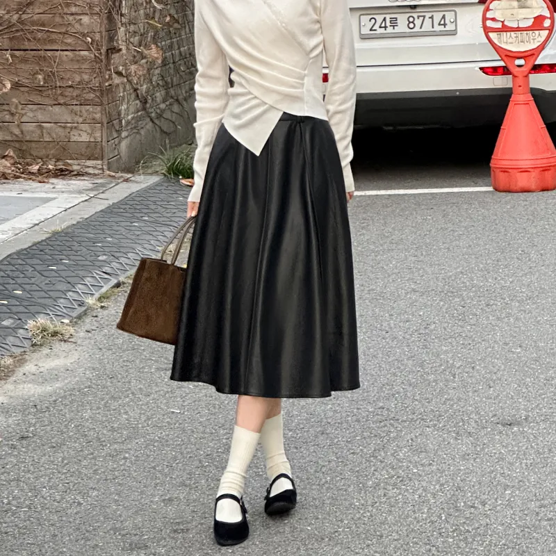Fstudio Fall And Winter Vintage Pu Leather Half Height Waist A Line Skirt Women's Black-2