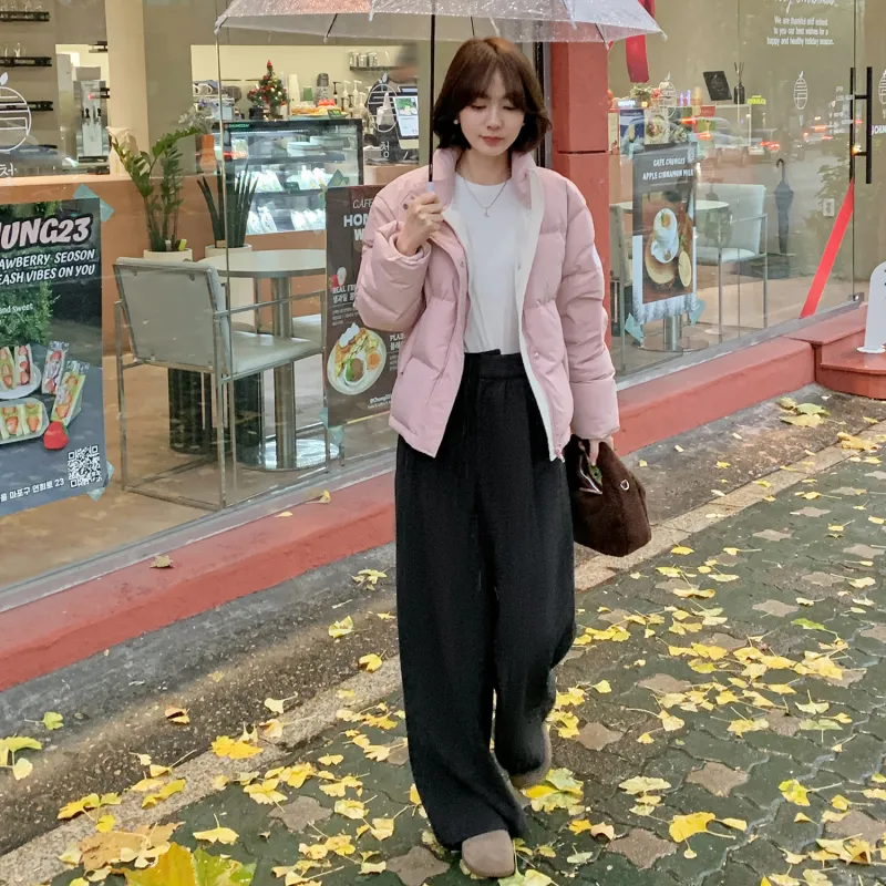 Fstudio Korean Style Stand Collar Cropped Loose Fit Down Jacket Women's Pink-6
