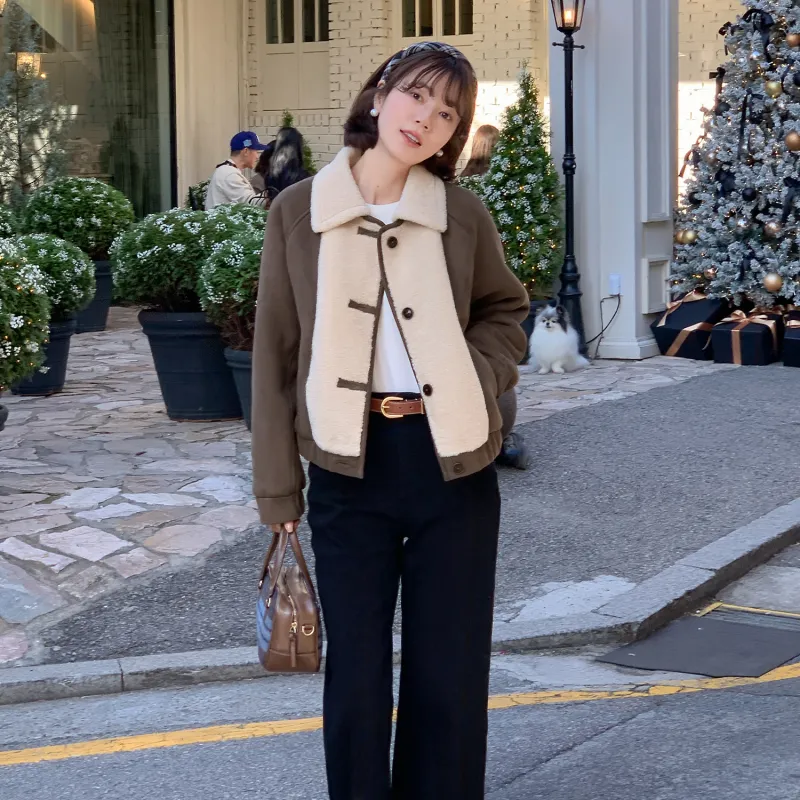 Fstudio Fall And Winter Suede Patchwork Lambswool Cropped Coat Women's Coffee-5