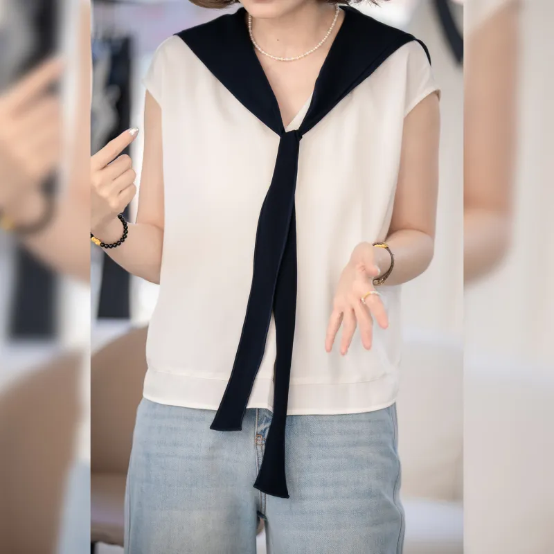 Fstudio Summer V Neck Color Block Versatile Shawl Short Sleeved Shirt Women's-6