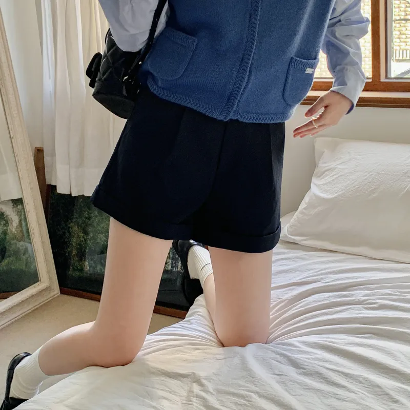 Fstudio Korean-Style Petite High-Rise Slimming A-Shaped Business Suit Casual Shorts Women's Navy Blue-2
