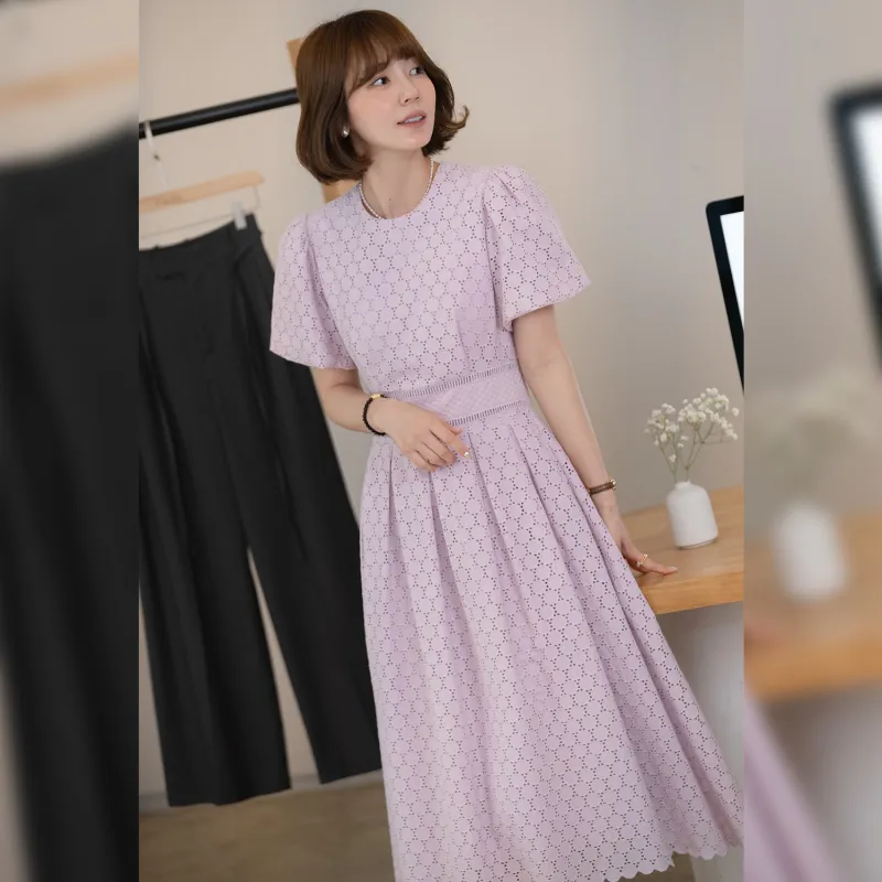 Fstudio Korean Style Crew Neck Embroidery Slimming Short Sleeved Dress Women's Purple-6