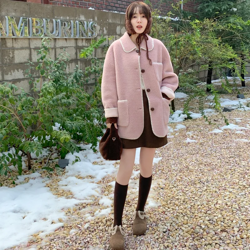 Fstudio Multicolor Deerskin Top Fall And Winter Lambswool Coat Women's Pink-6