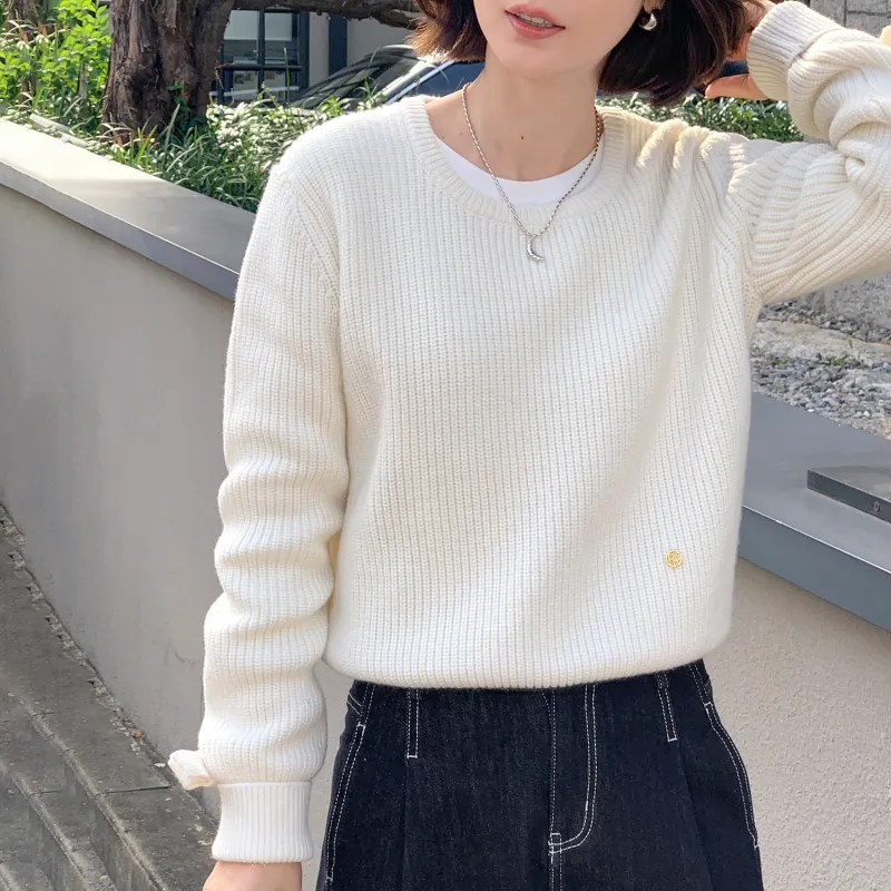 Fstudio Korean Style Laid Back Design Petite Inner Layer Crew Neck Sweater Women's Ecru-7