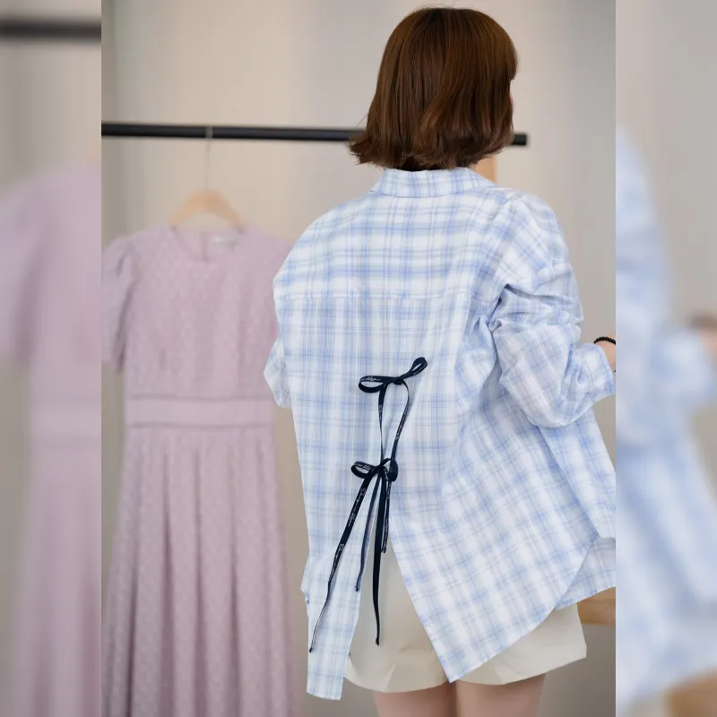 Fstudio Korean Style Commute 100% Cotton Thin Plaid Long Sleeved Shirt Women's-7