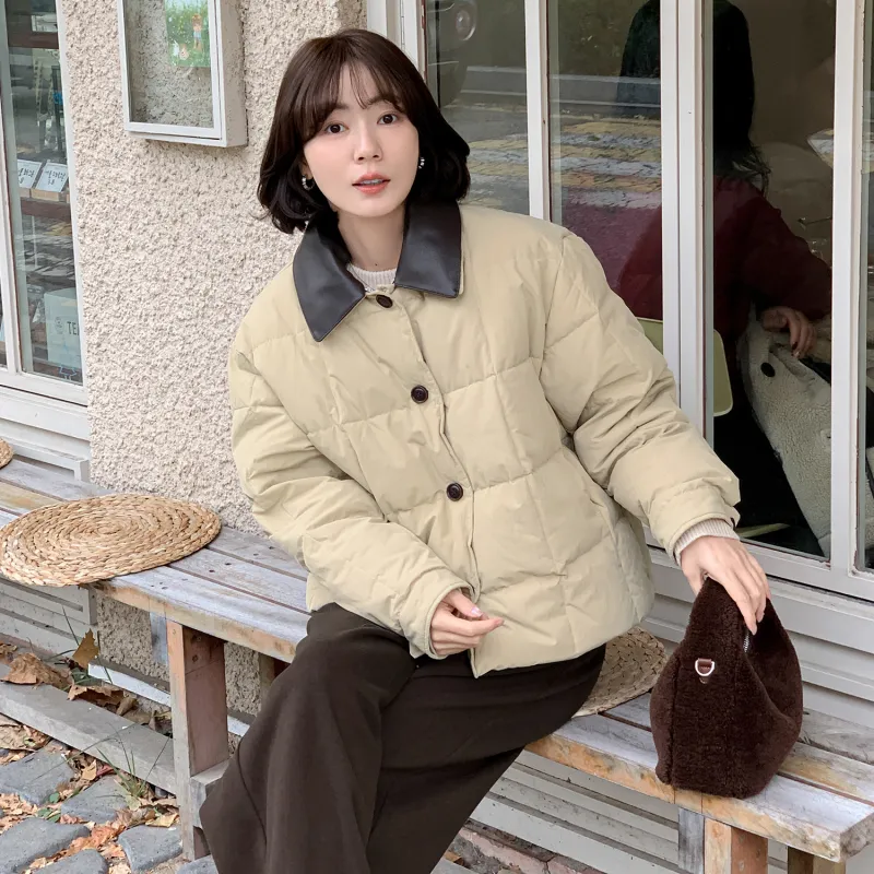 Fstudio Korean Style Color Blocking 90 Fill Power White Duck Down Cropped Down Jacket Coat Women's Khaki-5