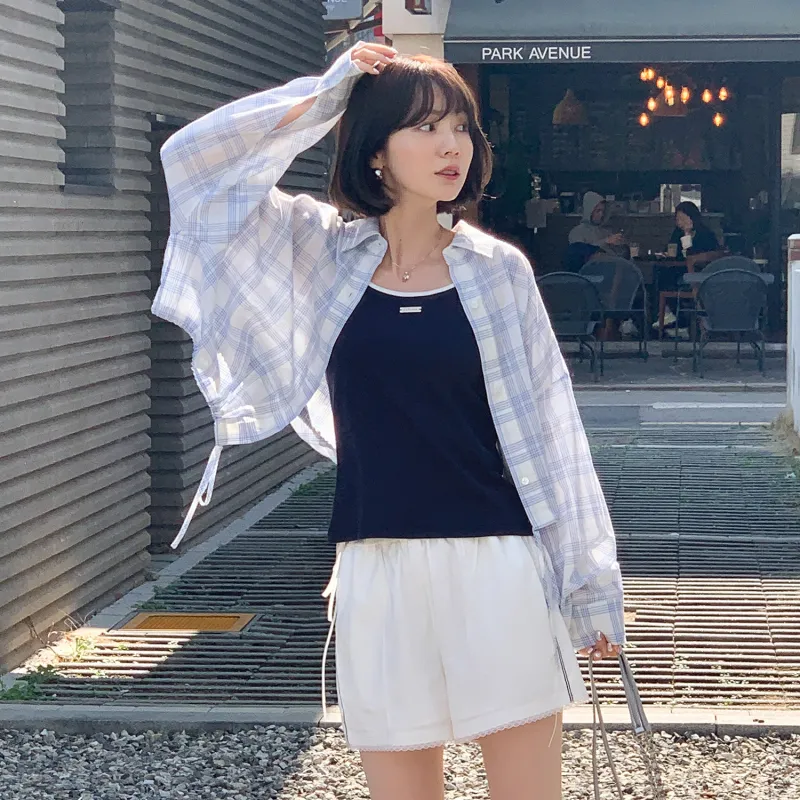 Fstudio Summer Korean Style Petite Commute Thin Casual Shorts Women's White/Navy Blue-5