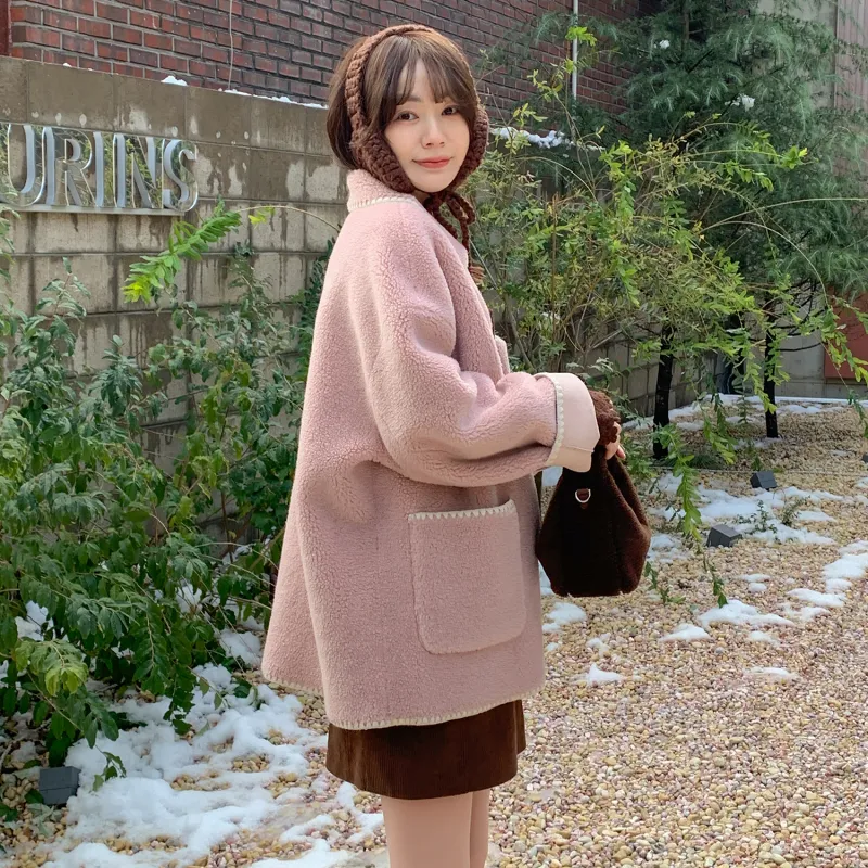 Fstudio Multicolor Deerskin Top Fall And Winter Lambswool Coat Women's Pink-5