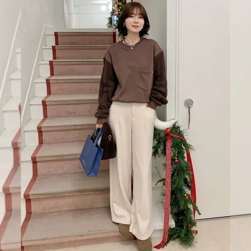 Fstudio Korean Commute Patchwork Solid Color Cropped Long Sleeved Sweatshirt Women's-3