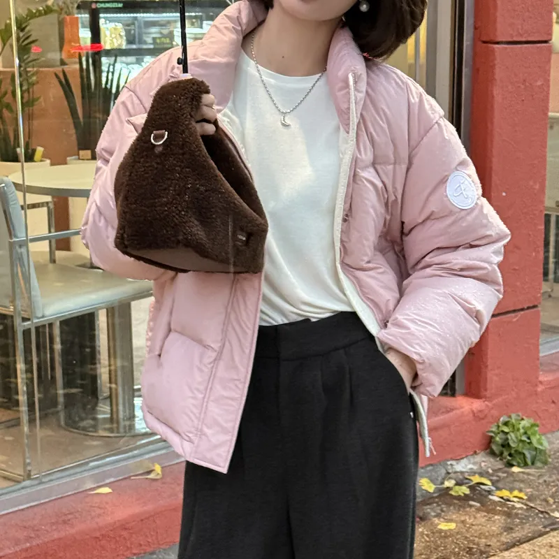 Fstudio Korean Style Stand Collar Cropped Loose Fit Down Jacket Women's Pink-7