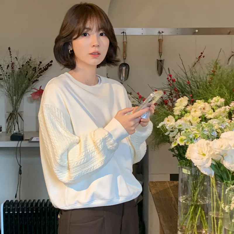Fstudio Korean Commute Patchwork Solid Color Cropped Long Sleeved Sweatshirt Women's-10
