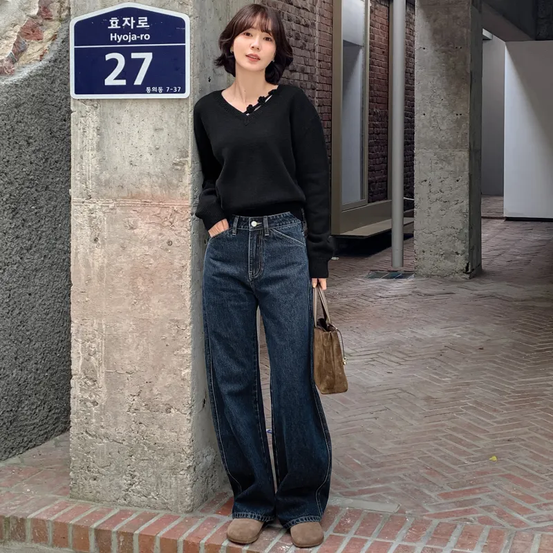 Fstudio Korean Style Laid Back 100% Australian Sheep Wool V Neck Top Floral Knitted Sweater Unisex-11