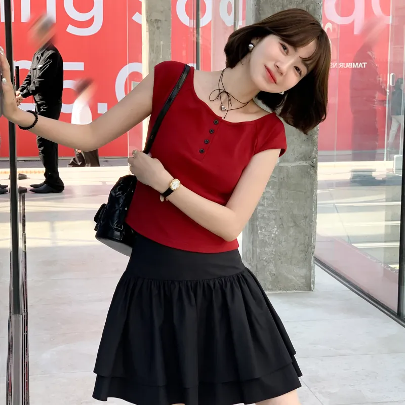 Fstudio Summer Crew Neck Fashion Solid Color Versatile Short Sleeved T Shirts Women's-11