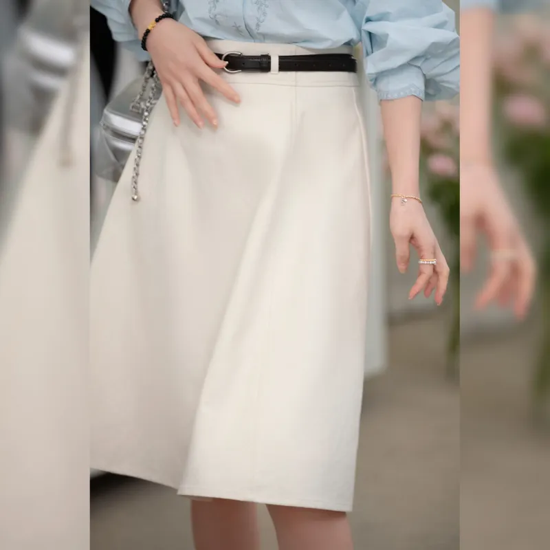 Fstudio Early Spring Korean Style Petite Elegant Elegance Half Length Casual Long Skirt Women's Apricot-4