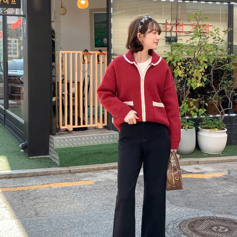 Fstudio Korean Petite Cardigan Lapel Long Sleeved Knitwear Women's Red-4