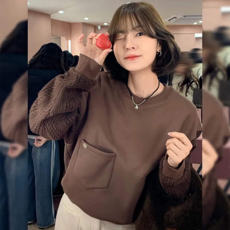 Fstudio Korean Commute Patchwork Solid Color Cropped Long Sleeved Sweatshirt Women's-5