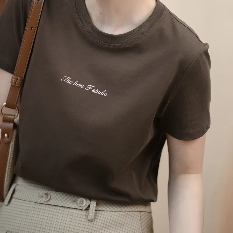 Fstudio Korean Style Textured Outfit Vintage Letter Short Sleeved T Shirts Women's-3
